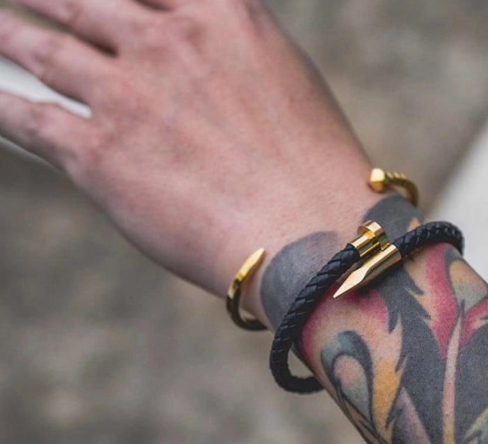 Black&Gold  Nail Leather bracelet (men-TF) - ebrook lael