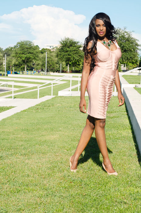 Meagan nude ribbed Bandage Dress - ebrooklael