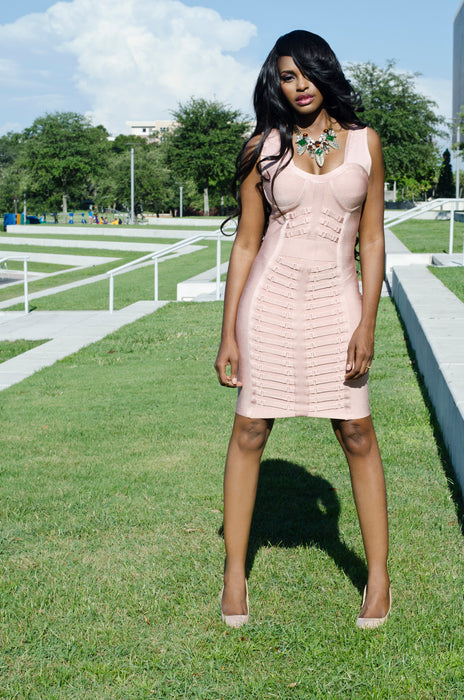 Meagan nude ribbed Bandage Dress - ebrooklael