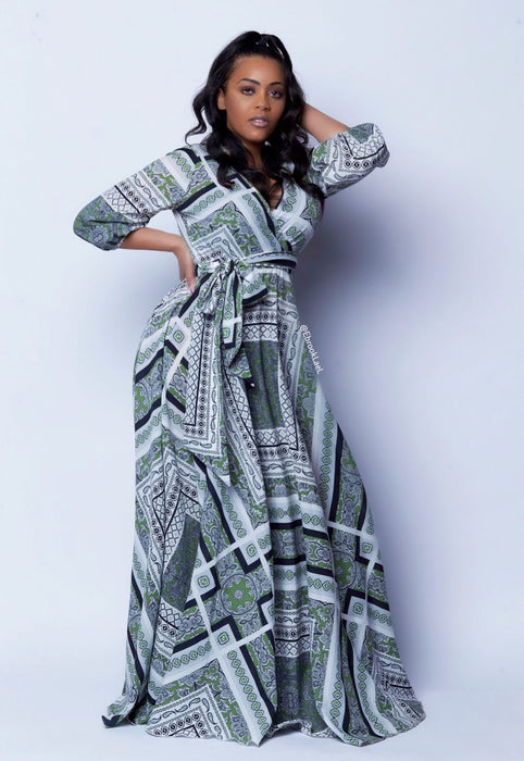 Lilith scarf printed wrapped front maxi dress - ebrooklael